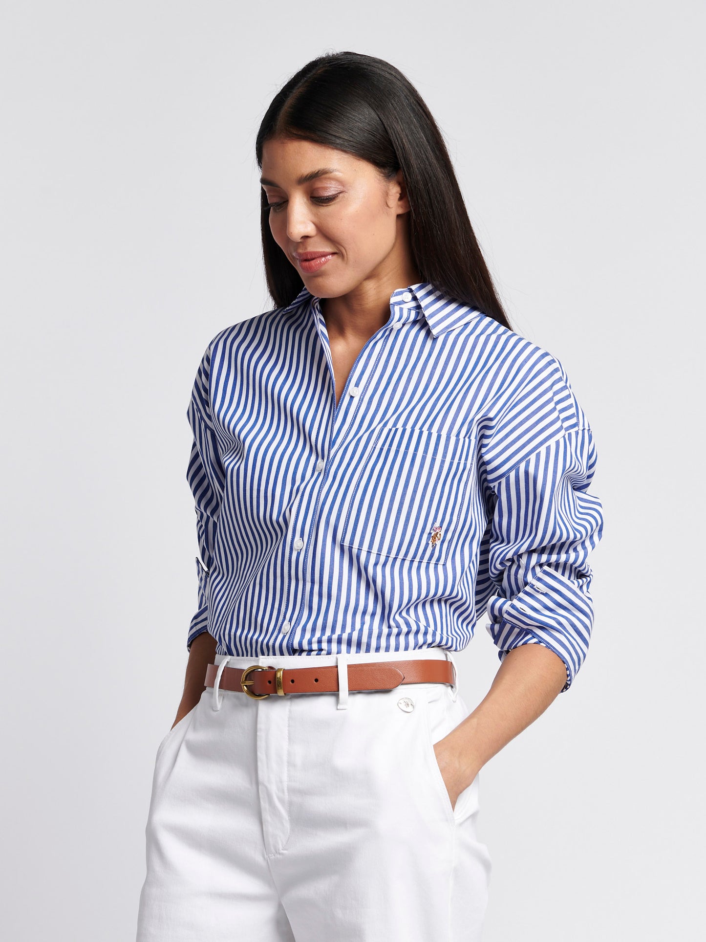 Womens Cotton Poplin Loose Fit Stripe Shirt in Regatta Blue