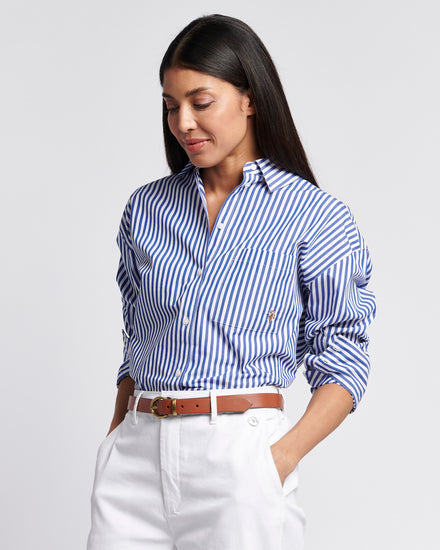 Womens Cotton Poplin Loose Fit Stripe Shirt in Regatta Blue