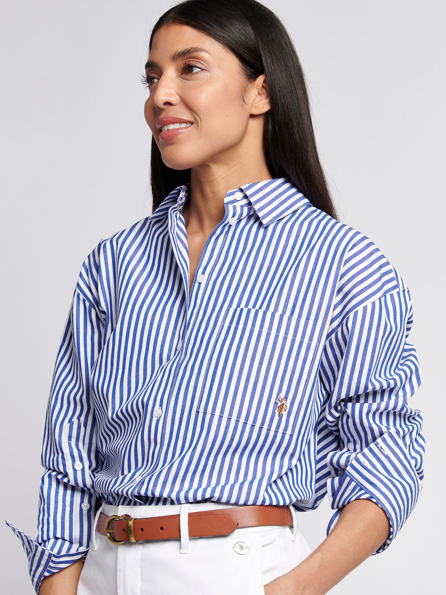 Womens Cotton Poplin Loose Fit Stripe Shirt in Regatta Blue