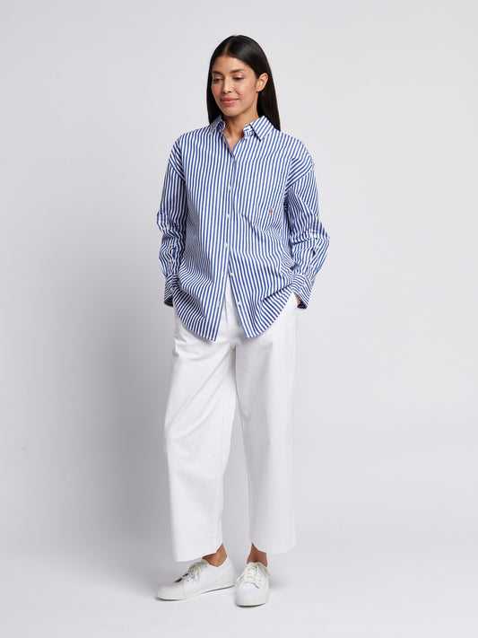 Womens Cotton Poplin Loose Fit Stripe Shirt in Regatta Blue