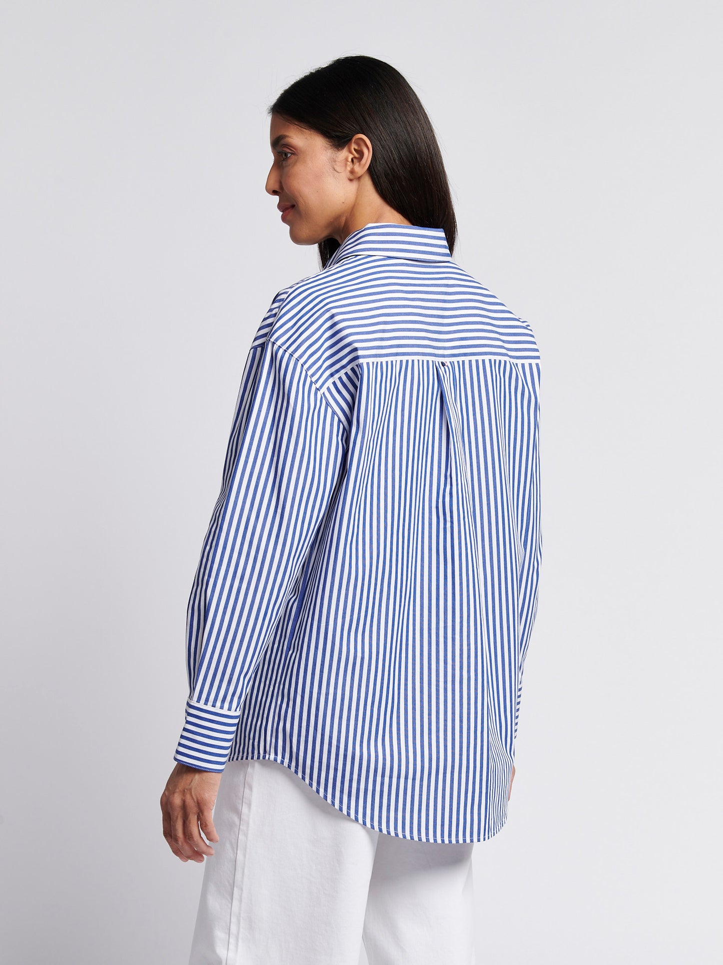 Womens Cotton Poplin Loose Fit Stripe Shirt in Regatta Blue