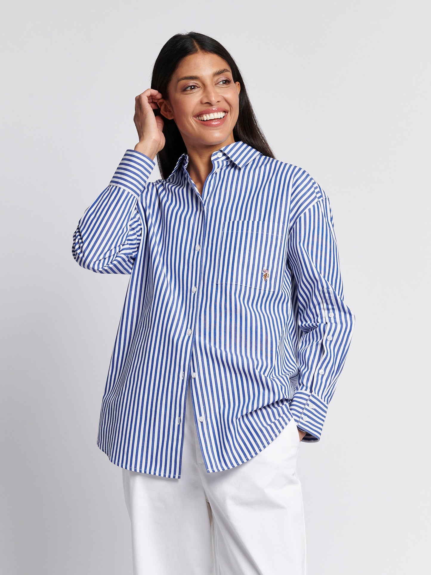 Womens Cotton Poplin Loose Fit Stripe Shirt in Regatta Blue