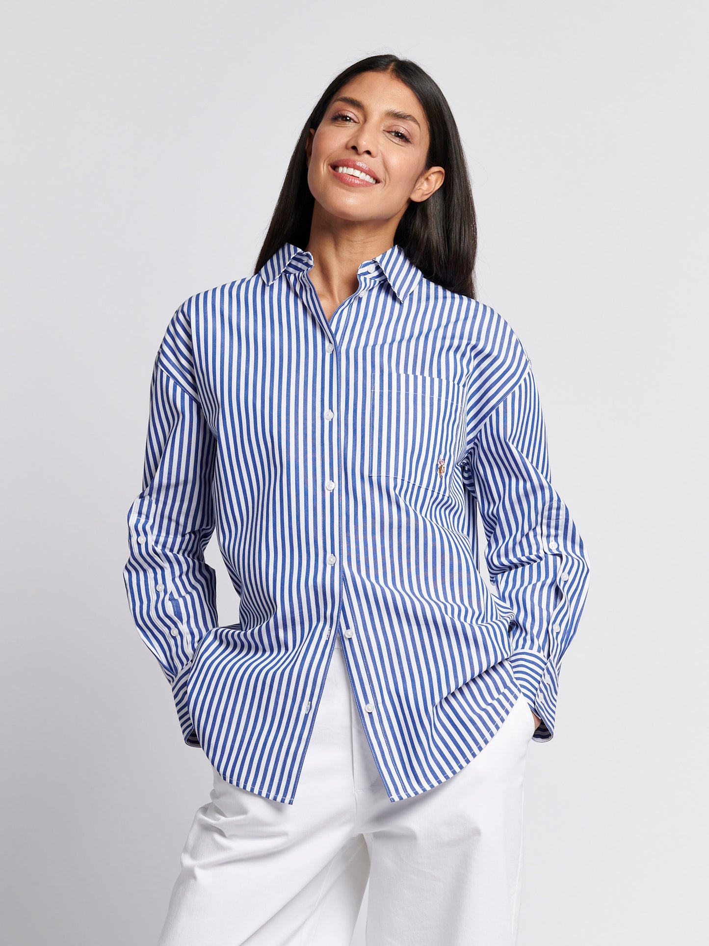 Womens Cotton Poplin Loose Fit Stripe Shirt in Regatta Blue