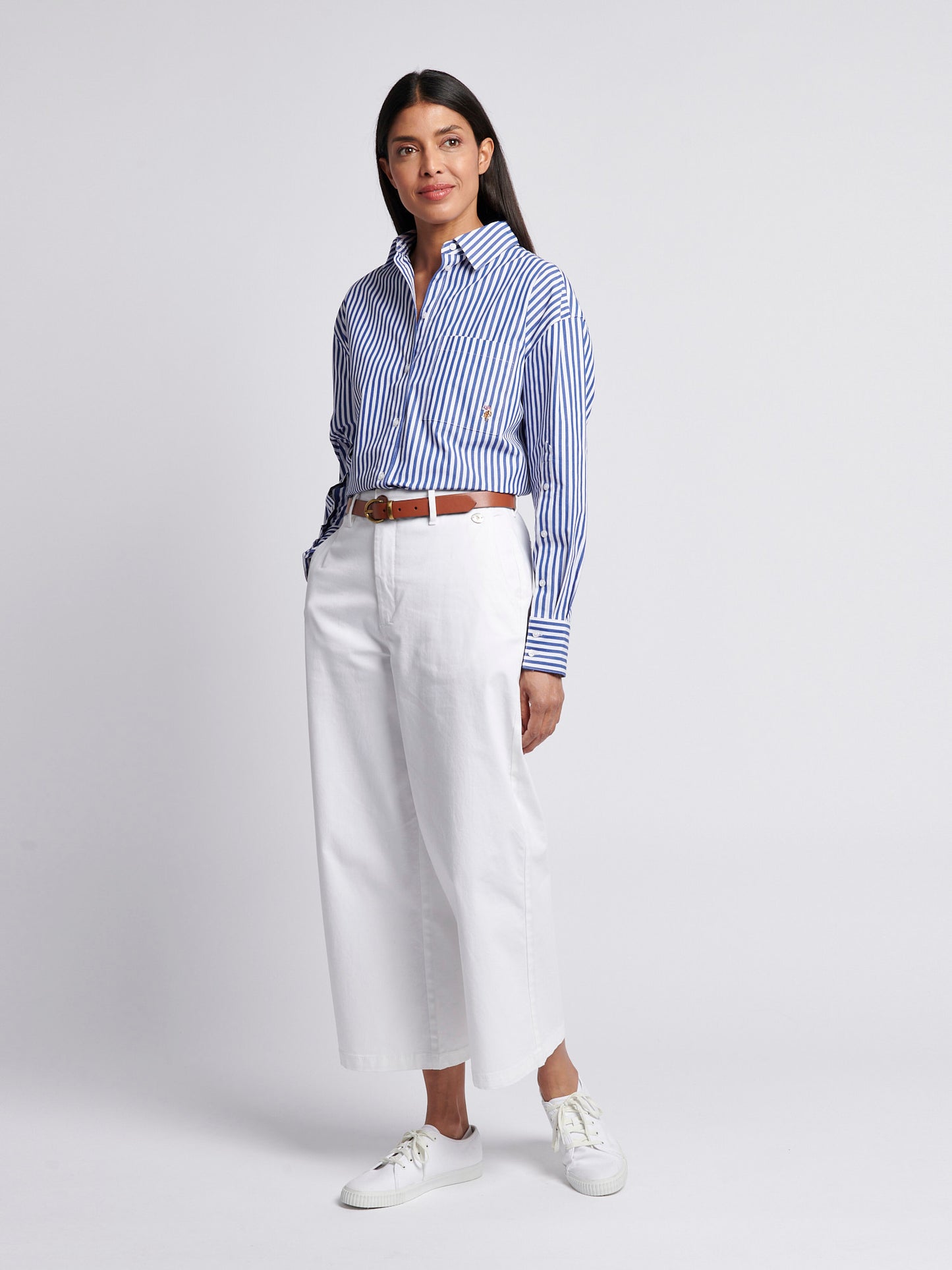 Womens Cotton Poplin Loose Fit Stripe Shirt in Regatta Blue