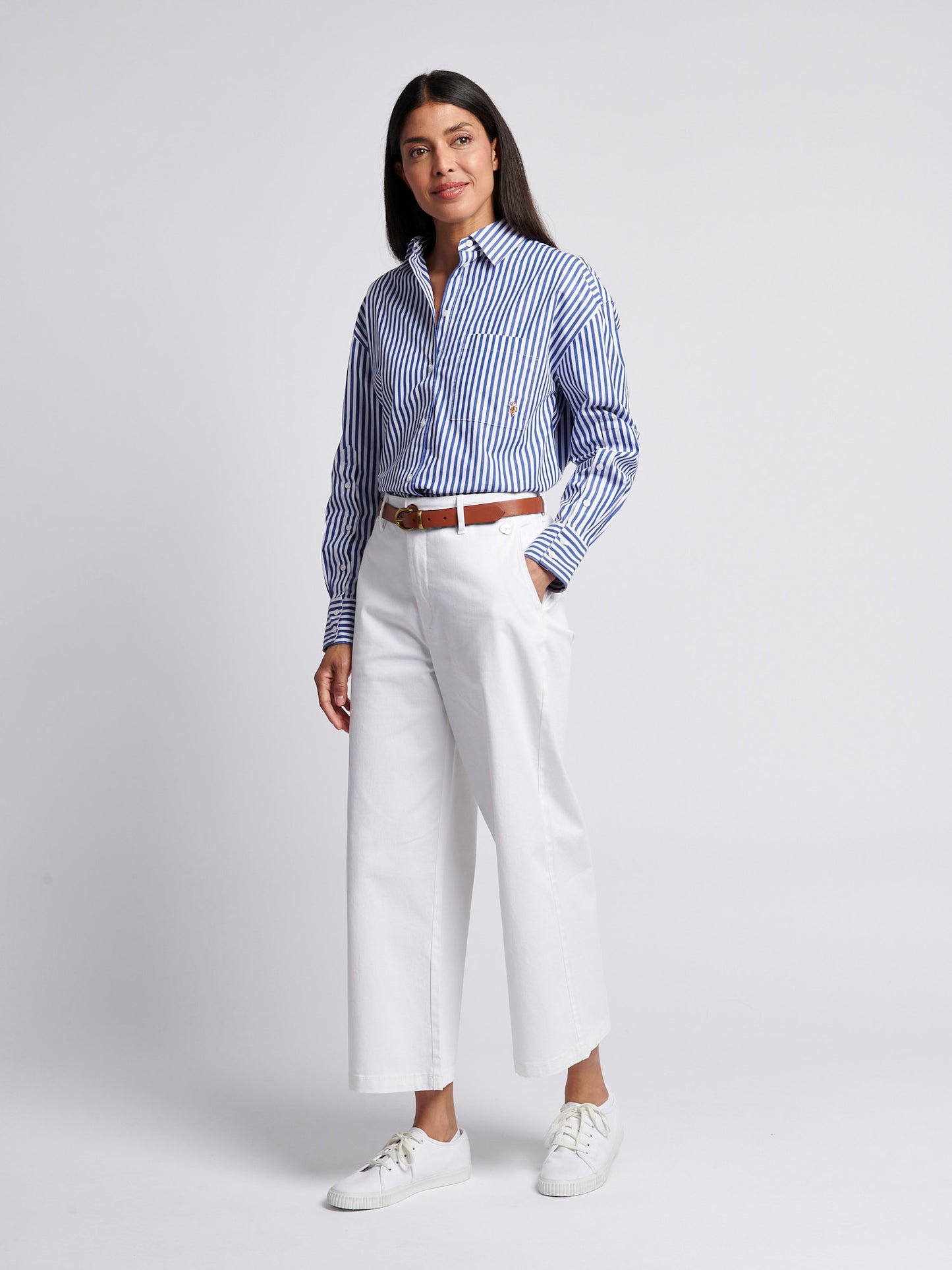 Womens Cotton Poplin Loose Fit Stripe Shirt in Regatta Blue