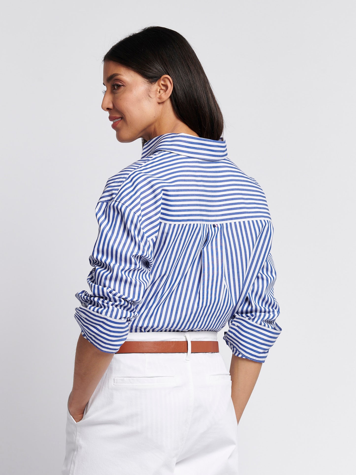 Womens Cotton Poplin Loose Fit Stripe Shirt in Regatta Blue