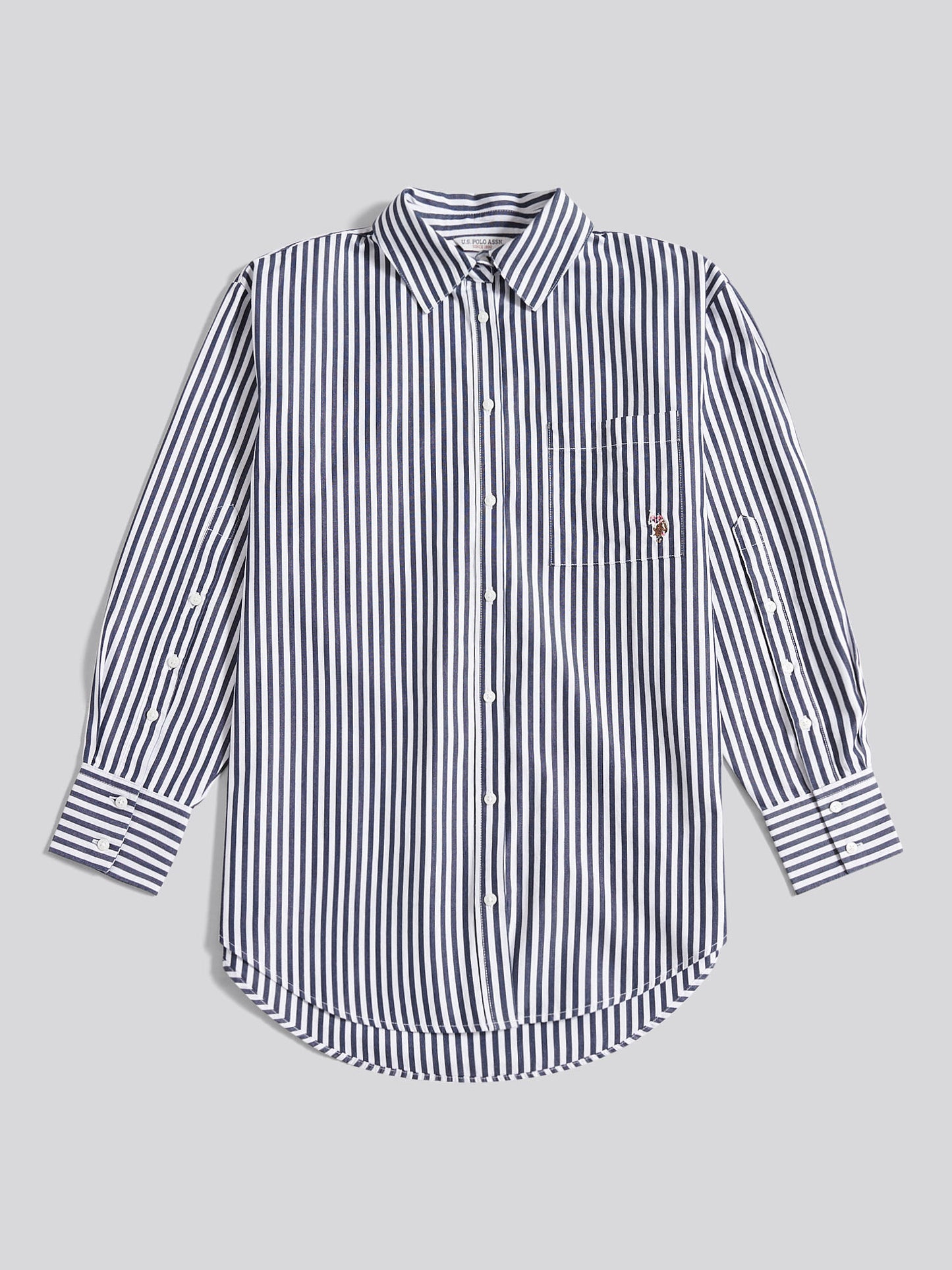 Womens Cotton Poplin Loose Fit Stripe Shirt in Navy Iris