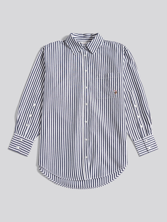 Womens Cotton Poplin Loose Fit Stripe Shirt in Navy Iris