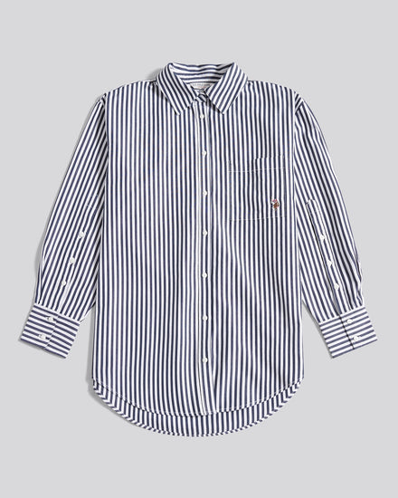 Womens Cotton Poplin Loose Fit Stripe Shirt in Navy Iris