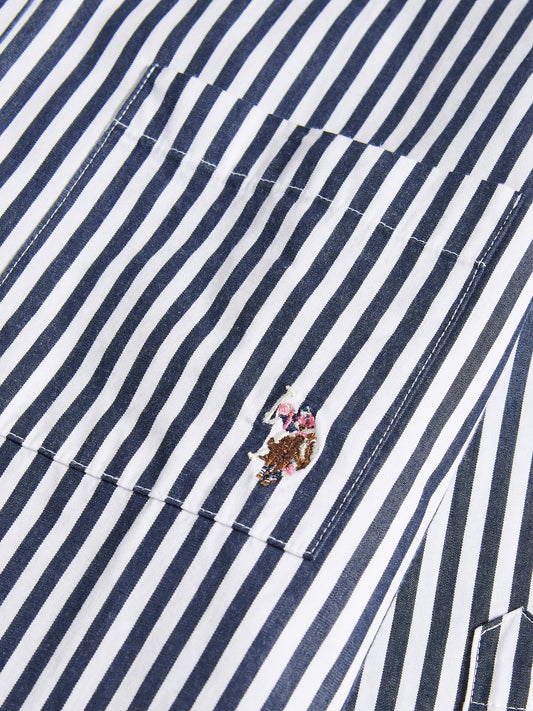 Womens Cotton Poplin Loose Fit Stripe Shirt in Navy Iris