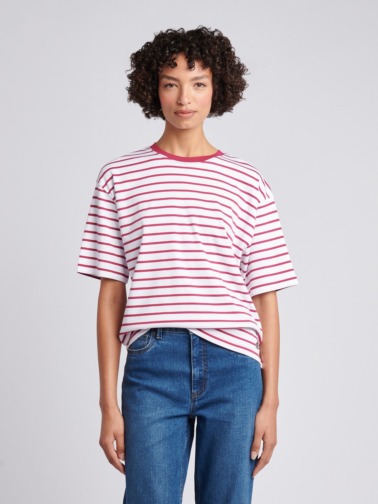 Womens Heavyweight Stripe Loose Crew Neck T-Shirt in Beaujolais