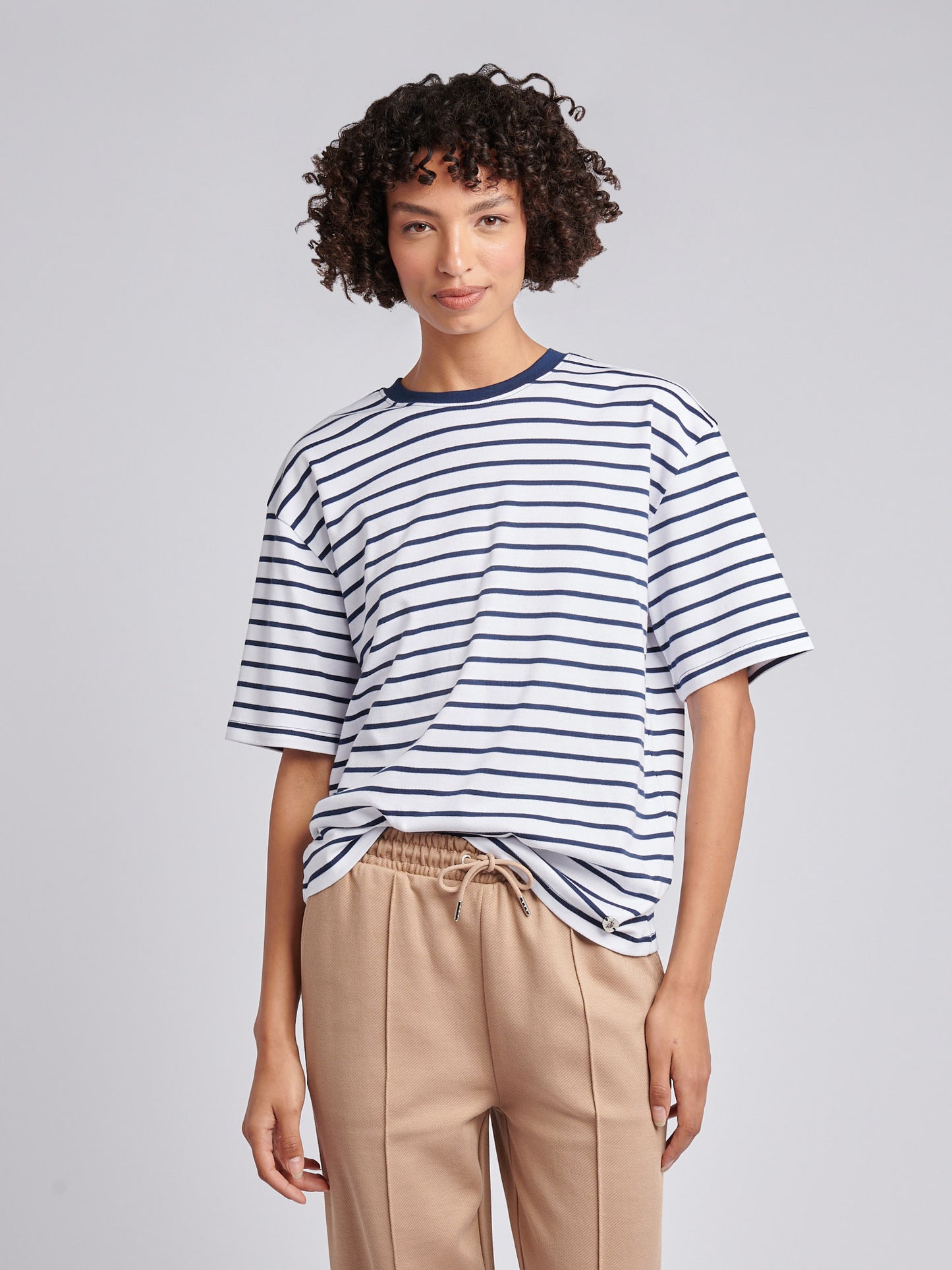 Womens Heavyweight Stripe Loose Crew Neck T-Shirt in Navy Iris