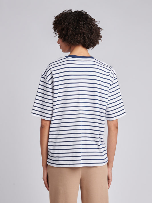 Womens Heavyweight Stripe Loose Crew Neck T-Shirt in Navy Iris