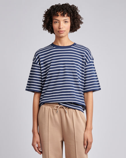Womens Heavyweight Stripe Loose Crew Neck T-Shirt in Navy Iris
