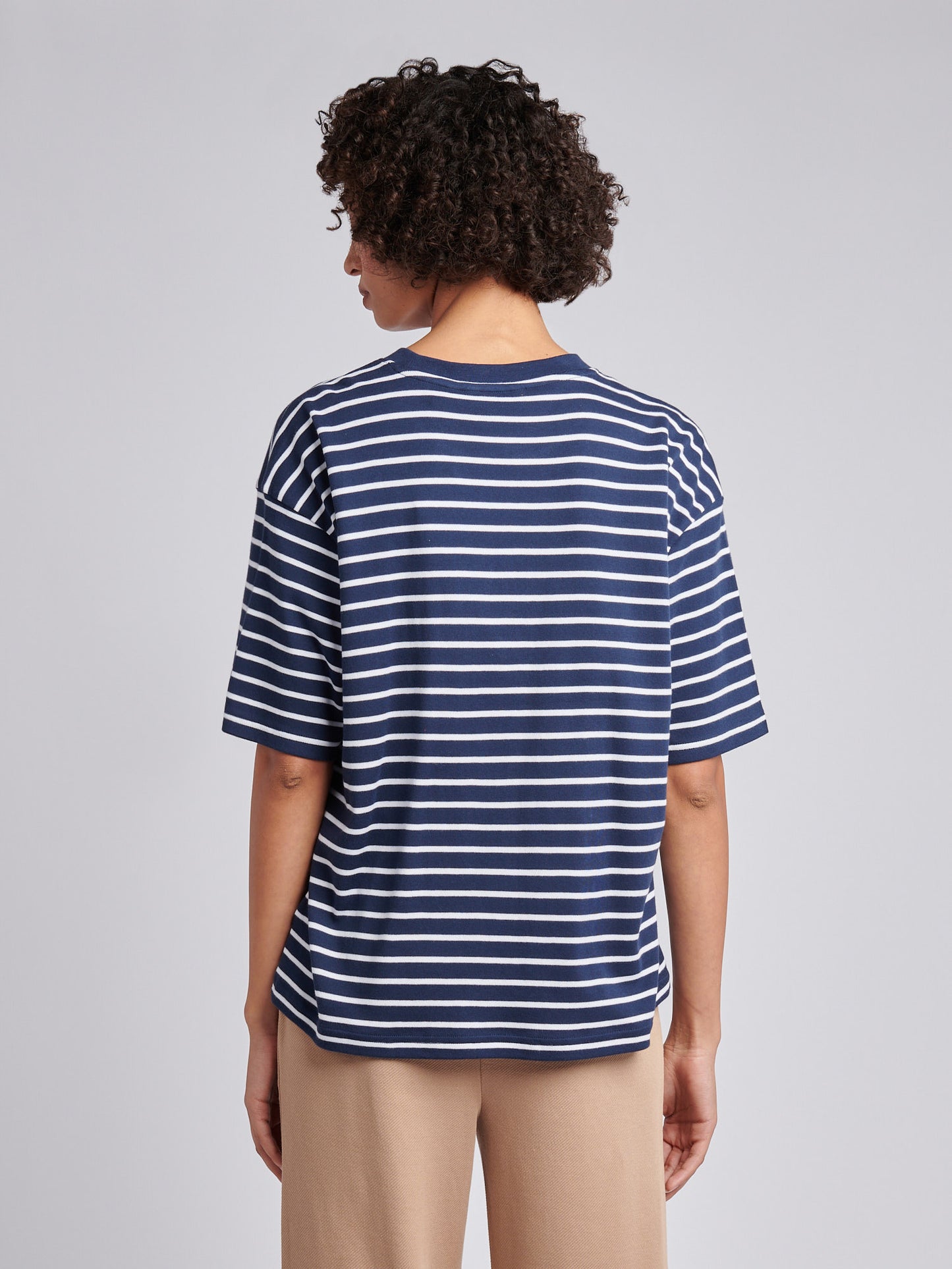 Womens Heavyweight Stripe Loose Crew Neck T-Shirt in Navy Iris