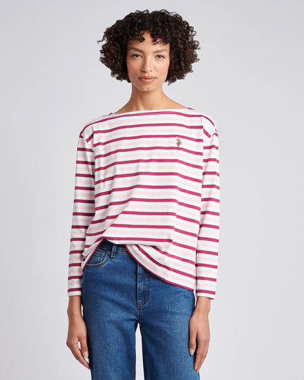 Womens Multicolour Stripe Long Sleeve Boatneck T-Shirt in Bright White
