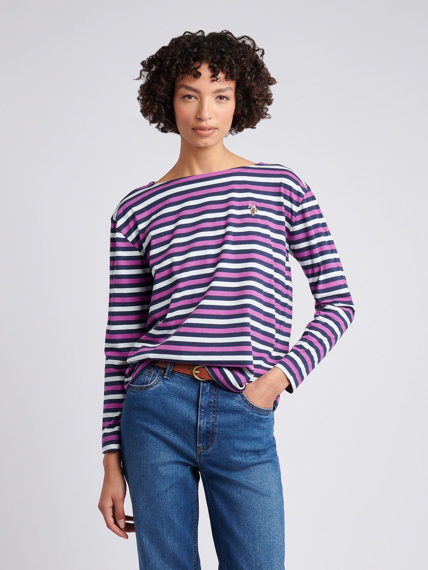 Womens Multicolour Stripe Long Sleeve Boatneck T-Shirt in Navy Iris