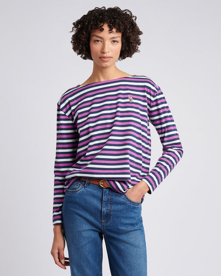 Womens Multicolour Stripe Long Sleeve Boatneck T-Shirt in Navy Iris