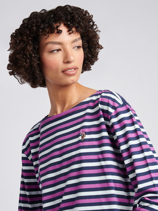 Womens Multicolour Stripe Long Sleeve Boatneck T-Shirt in Navy Iris