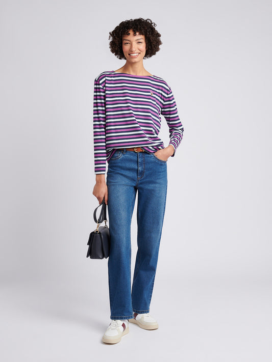Womens Multicolour Stripe Long Sleeve Boatneck T-Shirt in Navy Iris