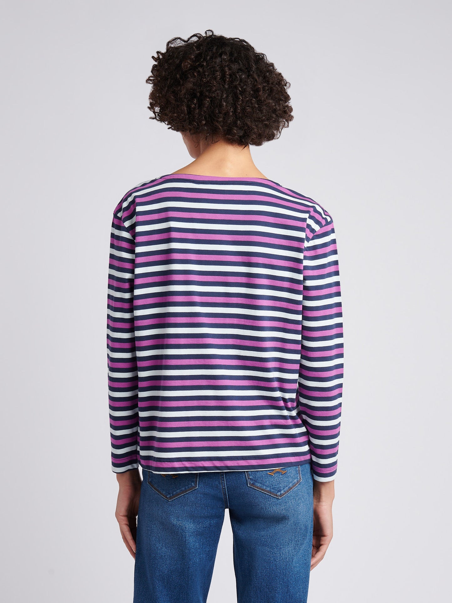 Womens Multicolour Stripe Long Sleeve Boatneck T-Shirt in Navy Iris