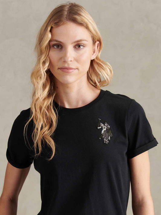 Womens Large Tonal Double Horsemen T-Shirt in Black