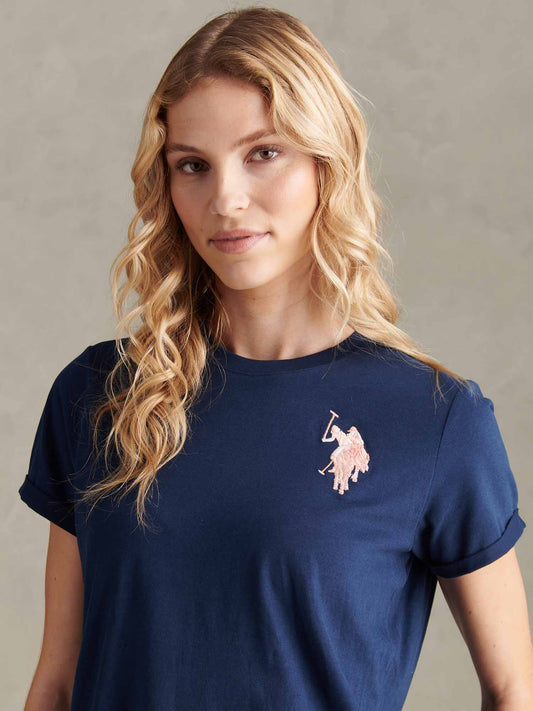 Womens Large Tonal Double Horsemen T-Shirt in Navy Iris