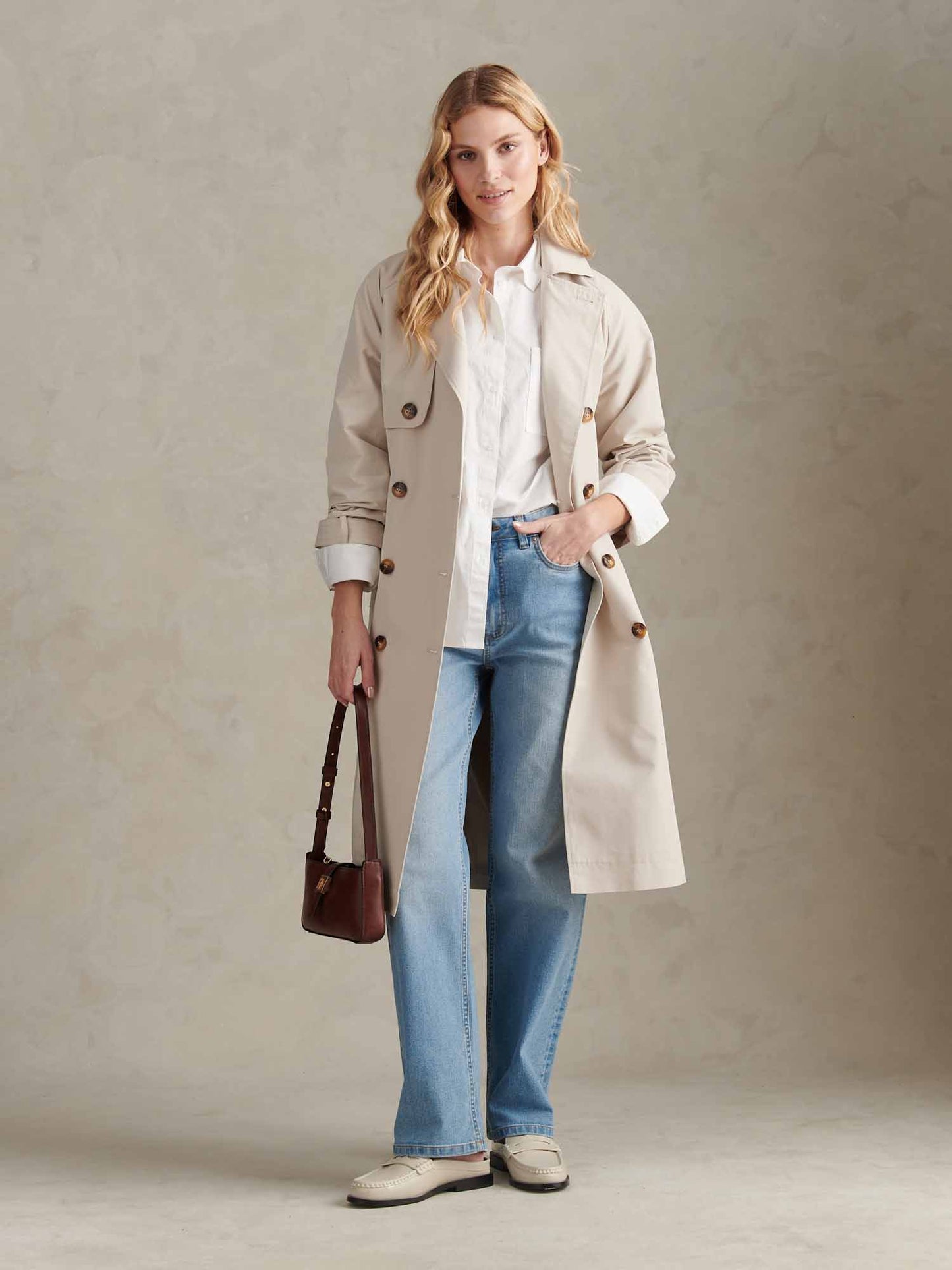 Womens Double Breasted Belted Trench Coat Pumice Stone