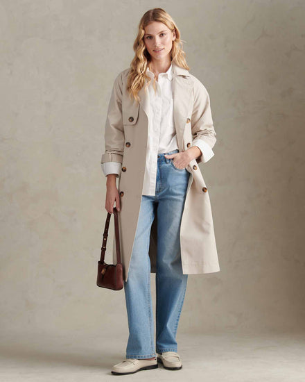 Womens Double Breasted Belted Trench Coat Pumice Stone