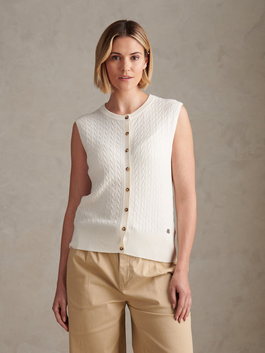 Womens Sleeveless Cable Knit Cardigan Marshmallow
