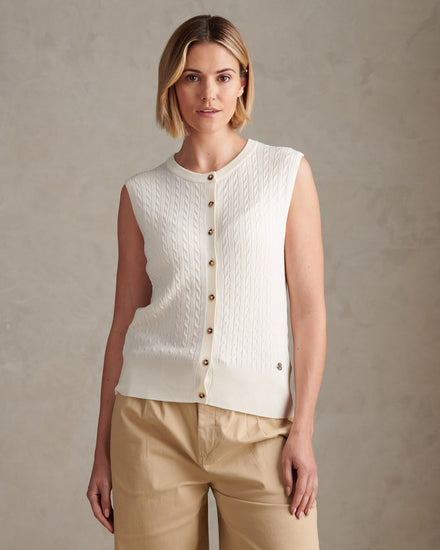 Womens Sleeveless Cable Knit Cardigan Marshmallow