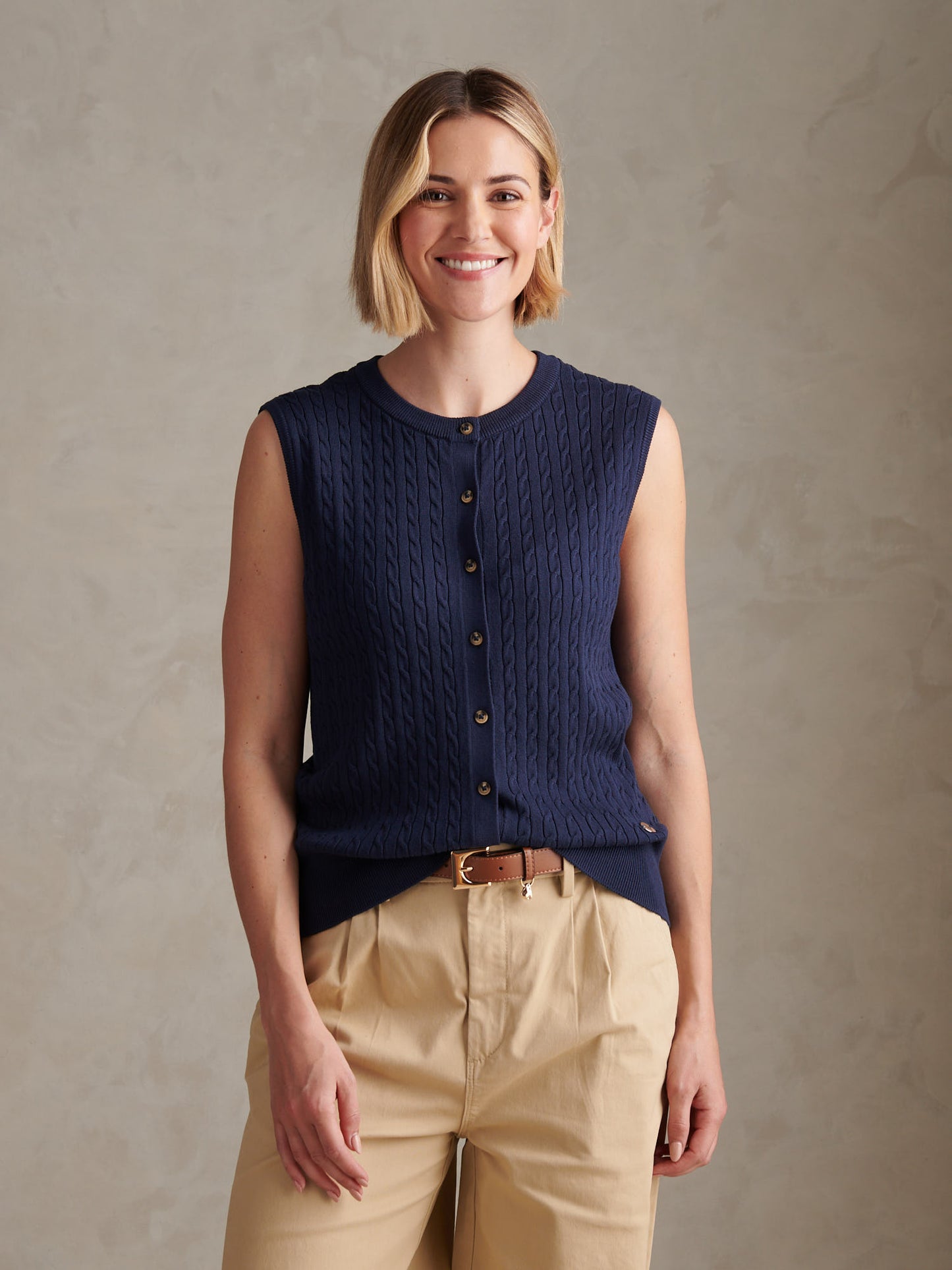 Womens Sleeveless Cable Knit Cardigan Navy Iris