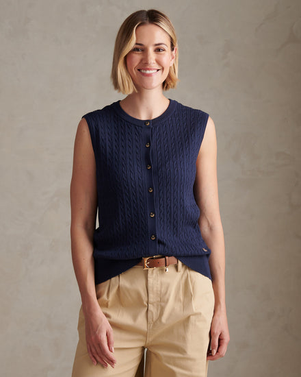 Womens Sleeveless Cable Knit Cardigan Navy Iris