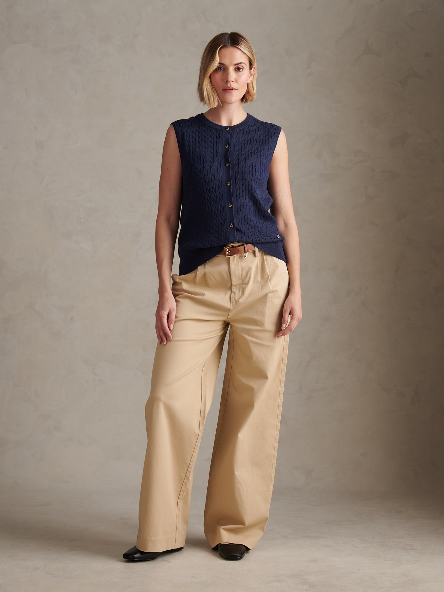 Womens Sleeveless Cable Knit Cardigan Navy Iris