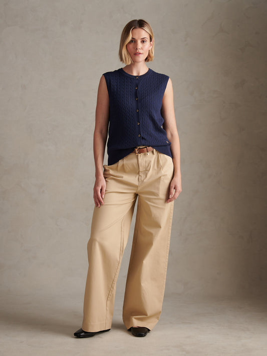 Womens Sleeveless Cable Knit Cardigan Navy Iris