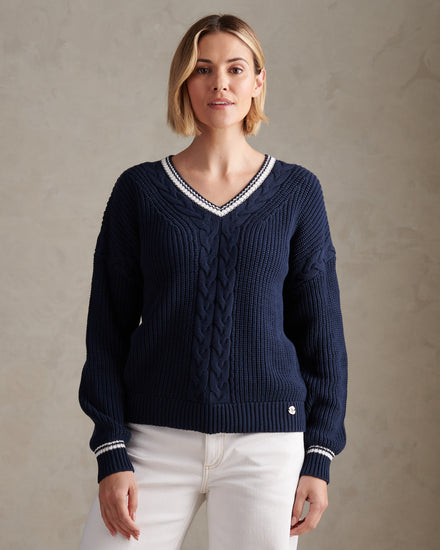 Womens Braid Cable Cricket Jumper Navy Iris