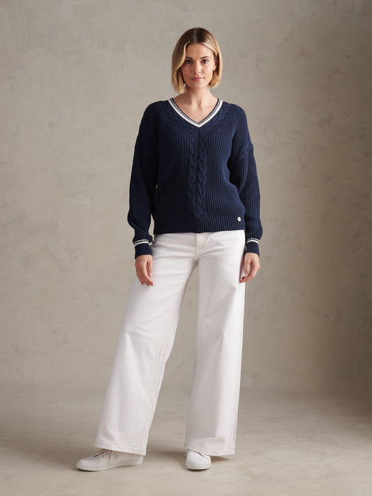 Womens Braid Cable Cricket Jumper Navy Iris