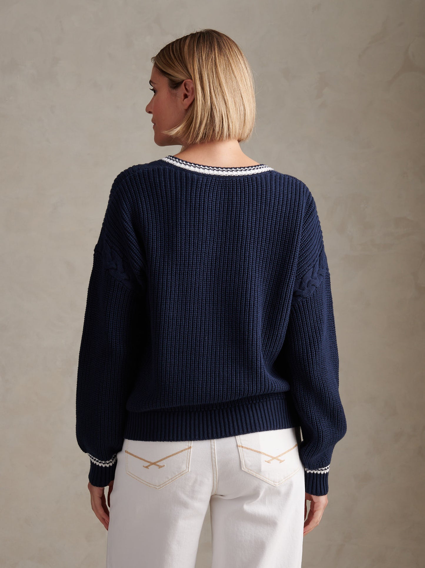 Womens Braid Cable Cricket Jumper Navy Iris