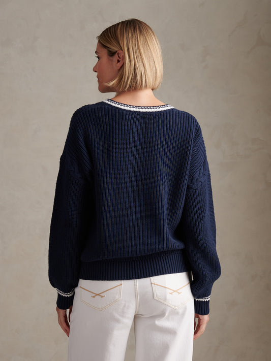 Womens Braid Cable Cricket Jumper Navy Iris