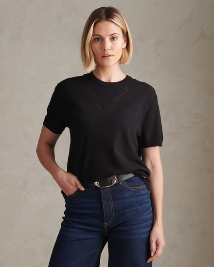 Womens Short Sleeve Textured Knit Tee Black