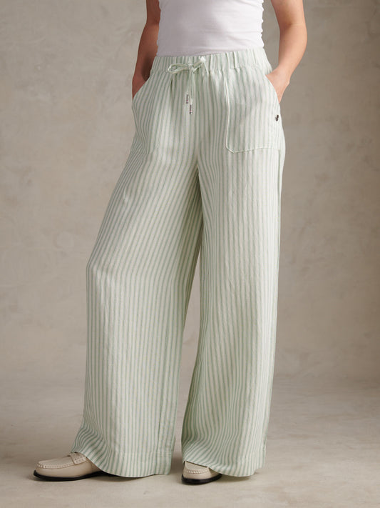 Womens Linen Stripe Drawstring Wide Leg Trousers Misty Jade