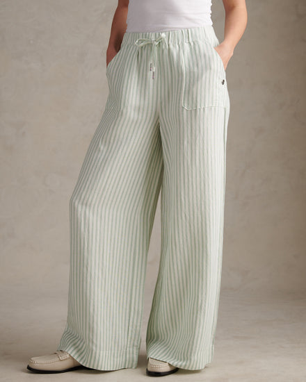 Womens Linen Stripe Drawstring Wide Leg Trousers Misty Jade