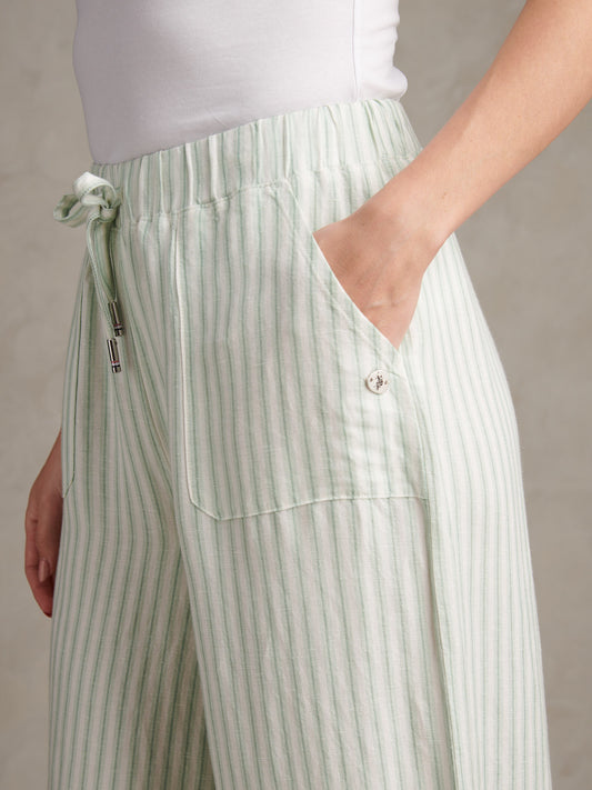 Womens Linen Stripe Drawstring Wide Leg Trousers Misty Jade