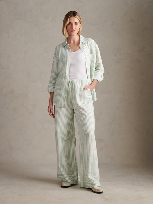 Womens Linen Stripe Drawstring Wide Leg Trousers Misty Jade