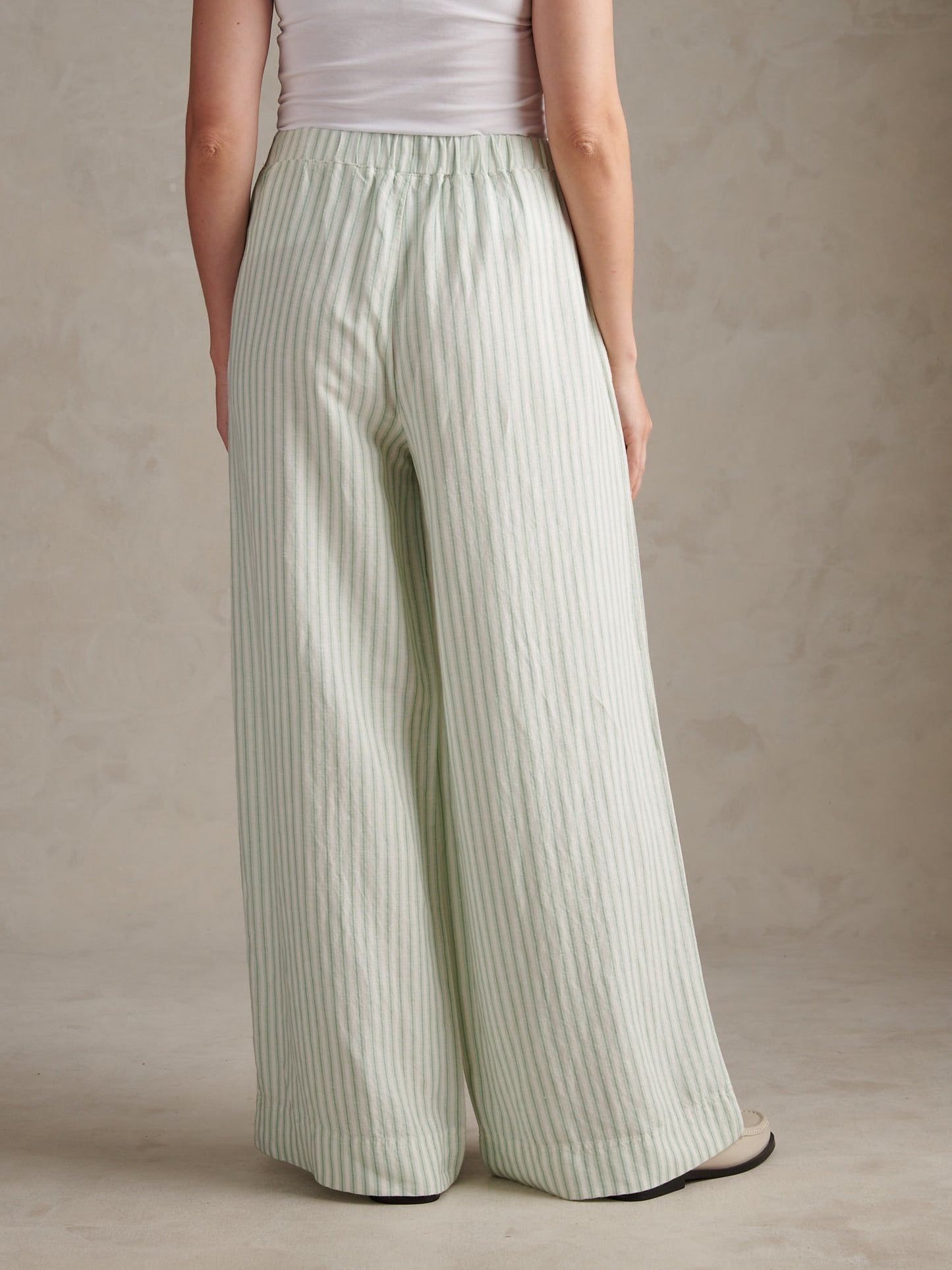 Womens Linen Stripe Drawstring Wide Leg Trousers Misty Jade