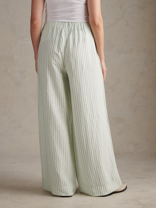 Womens Linen Stripe Drawstring Wide Leg Trousers Misty Jade
