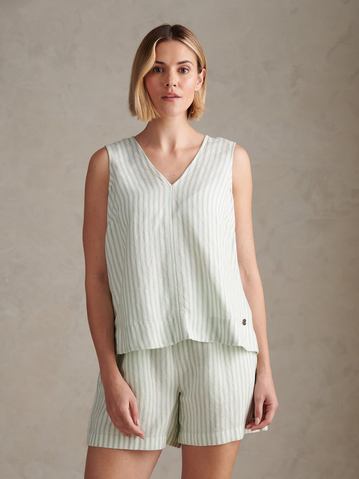 Womens Linen Blend Stripe V-Neck Shell Top Misty Jade