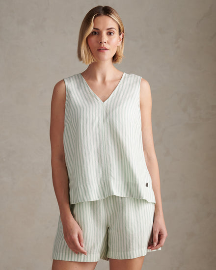 Womens Linen Blend Stripe V-Neck Shell Top Misty Jade