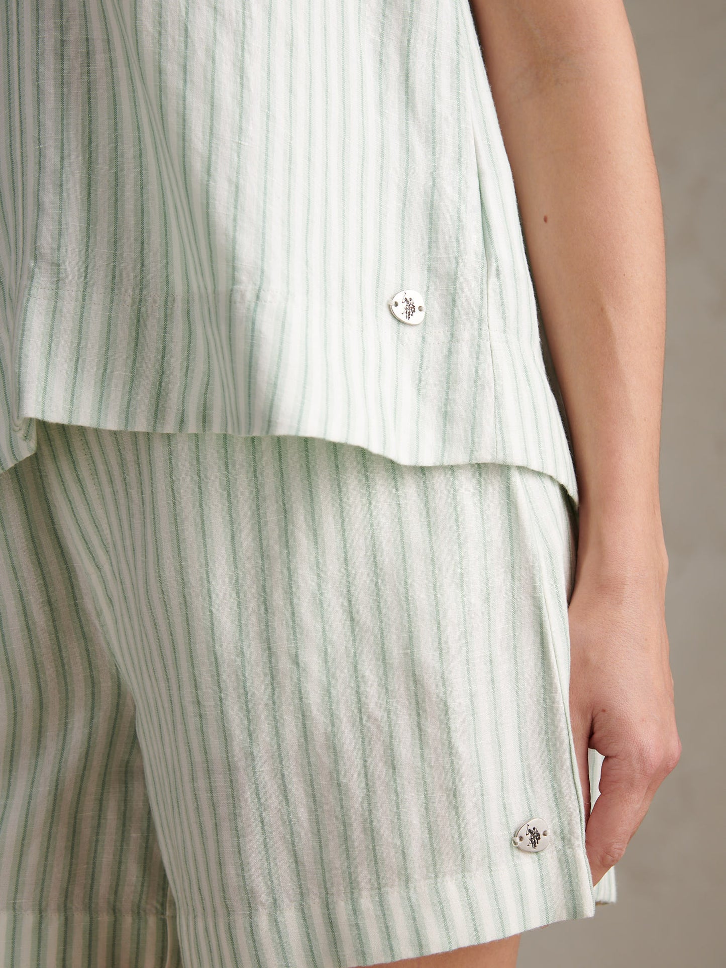 Womens Linen Blend Stripe V-Neck Shell Top Misty Jade