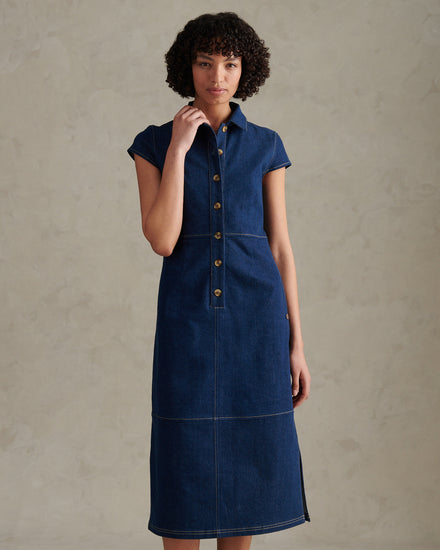 Womens Denim Midi Shirt Dress Mid Wash